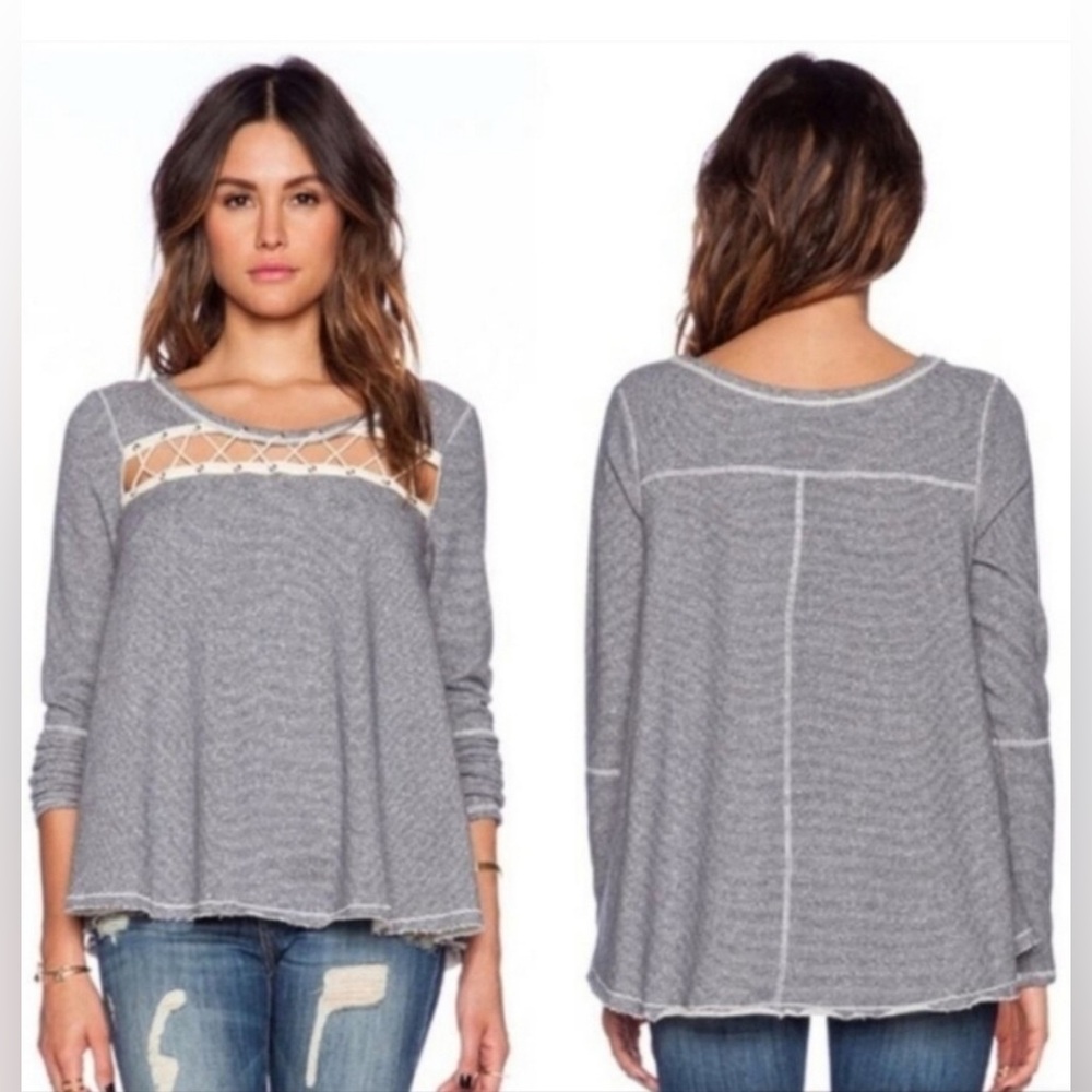 Free People Lacey Love Pullover‎ in Indigo Combo size large